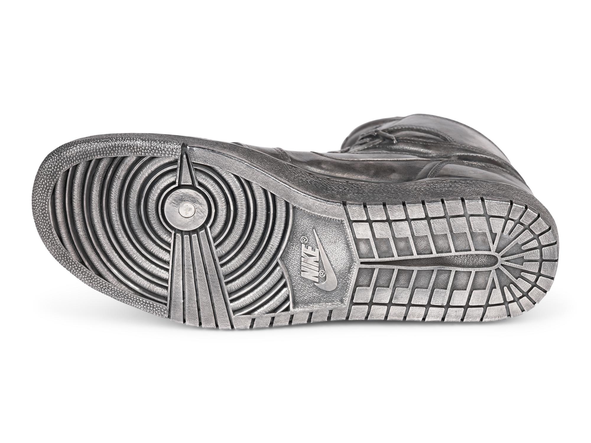 A Nike Air Jordan 1 Silver Cast Basketball Shoe Crafted for Michael Jordan's 32nd Birthday