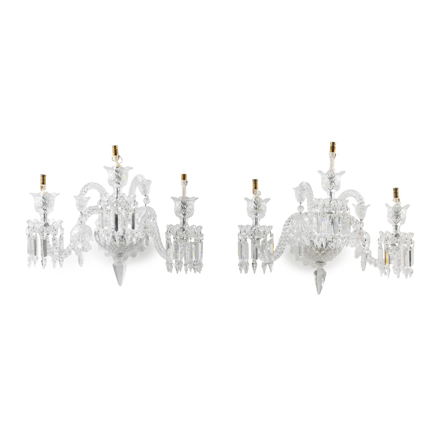 A Pair of Baccarat Molded Glass Three-Arm Sconces