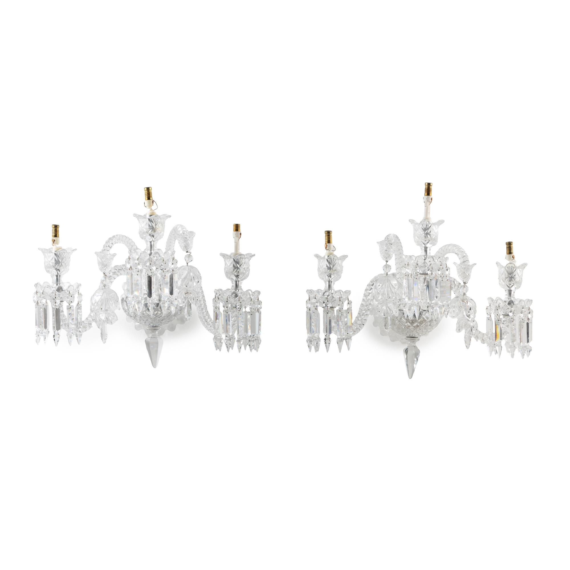 A Pair of Baccarat Molded Glass Three-Arm Sconces
