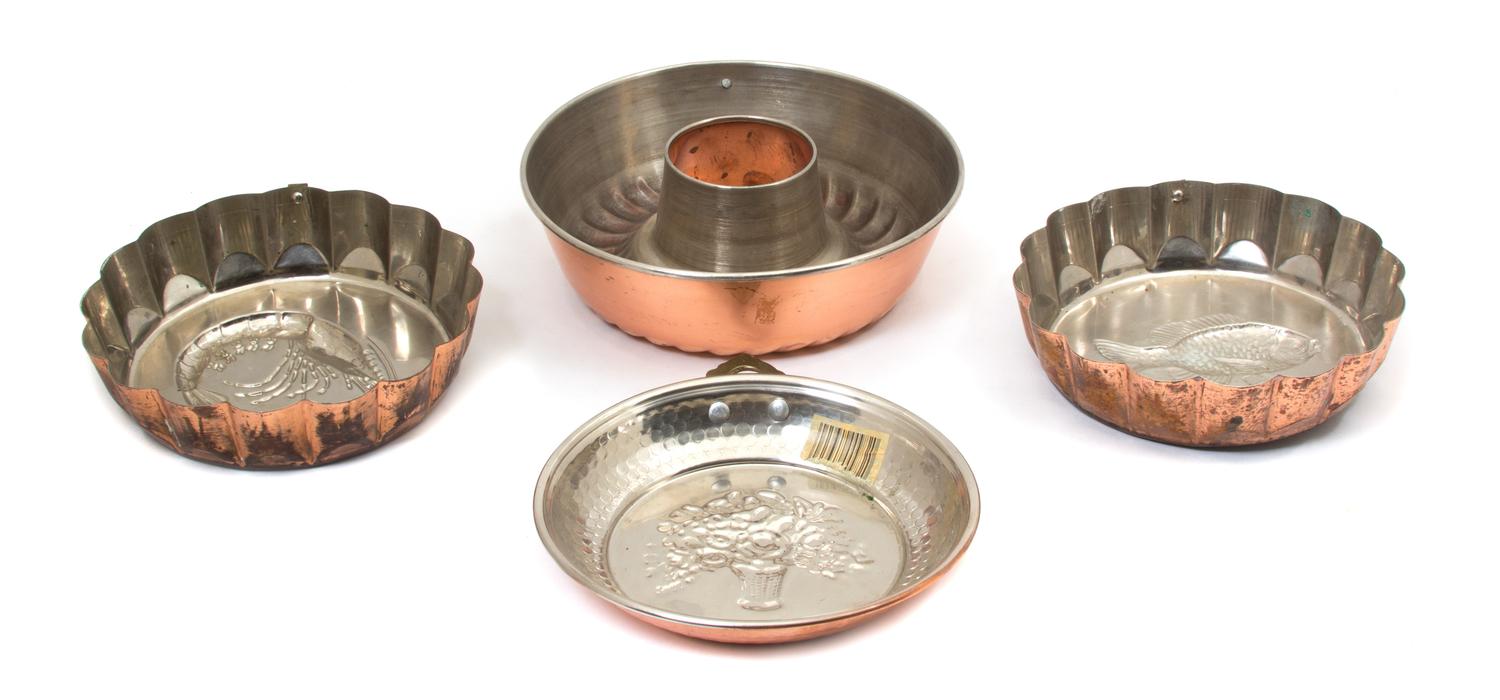 Four Copper and Brass Mousse and Cake Molds Diameter of largest 9 inches. — 20TH CENTURY