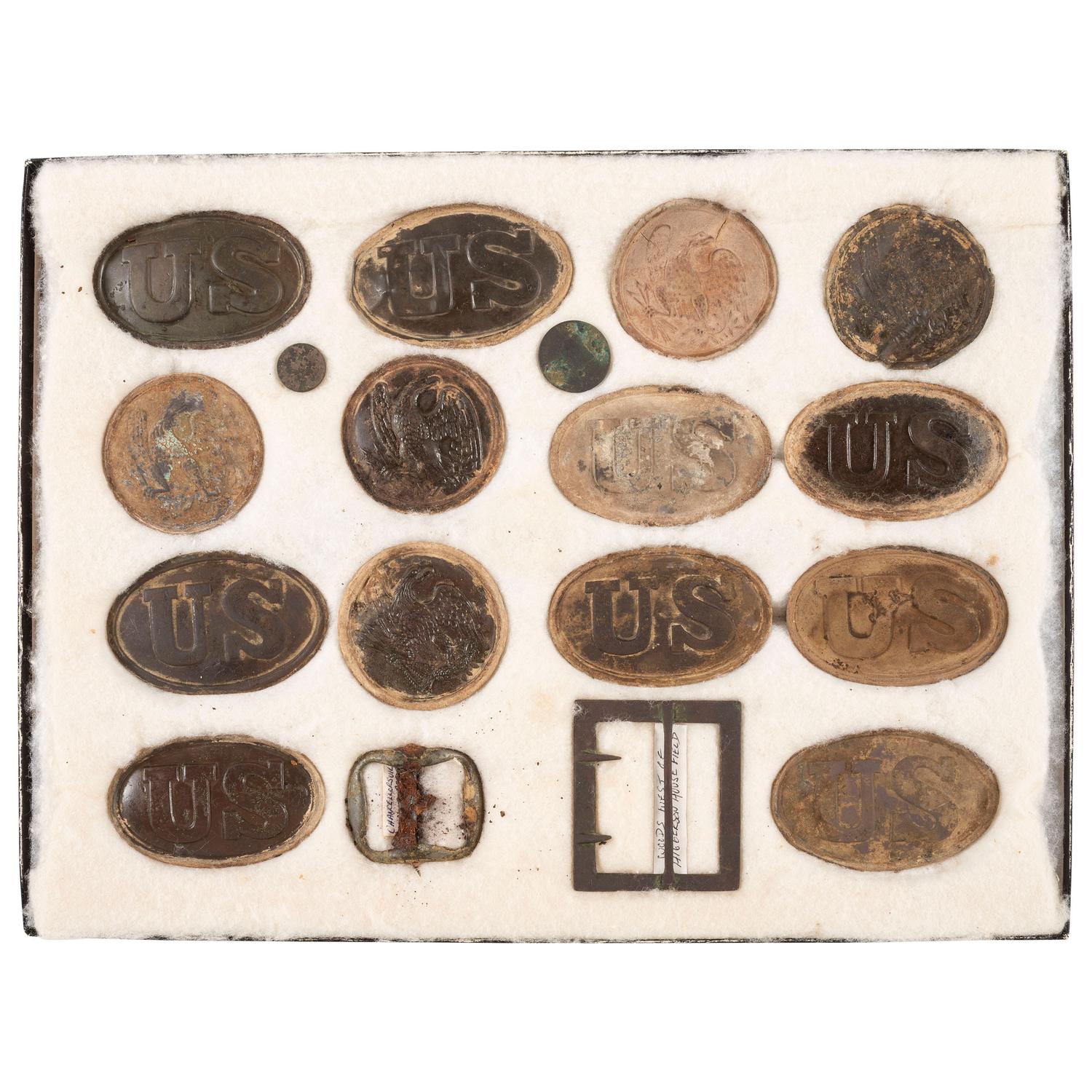 Large Riker Case of 15 Dug Civil War Plates Including a C.S. Frame, and 14 U.S. Plates