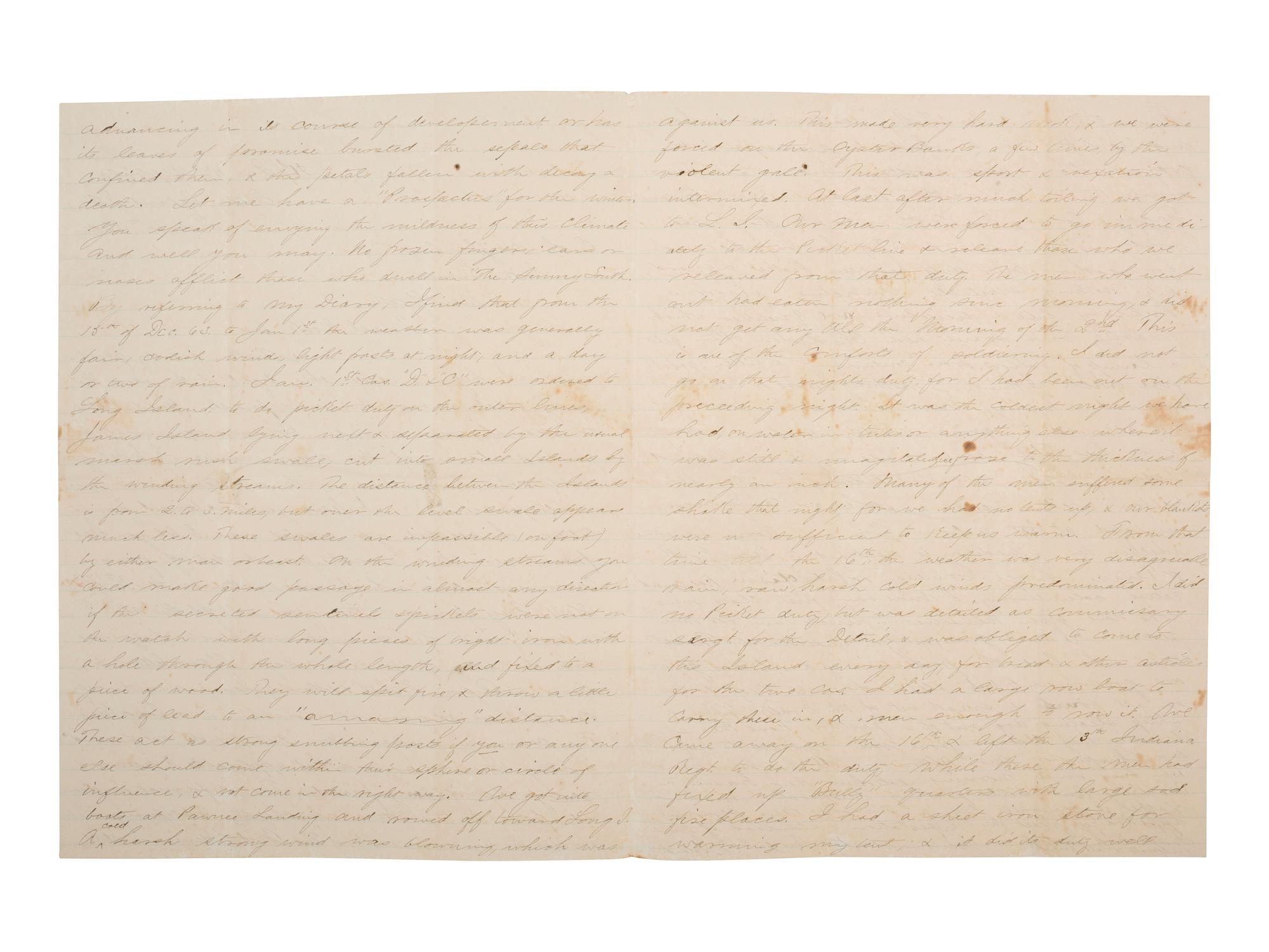 [CIVIL WAR]. Soldier's letter describing the use of Greek Fire on Charleston. Folly Island, 1864.