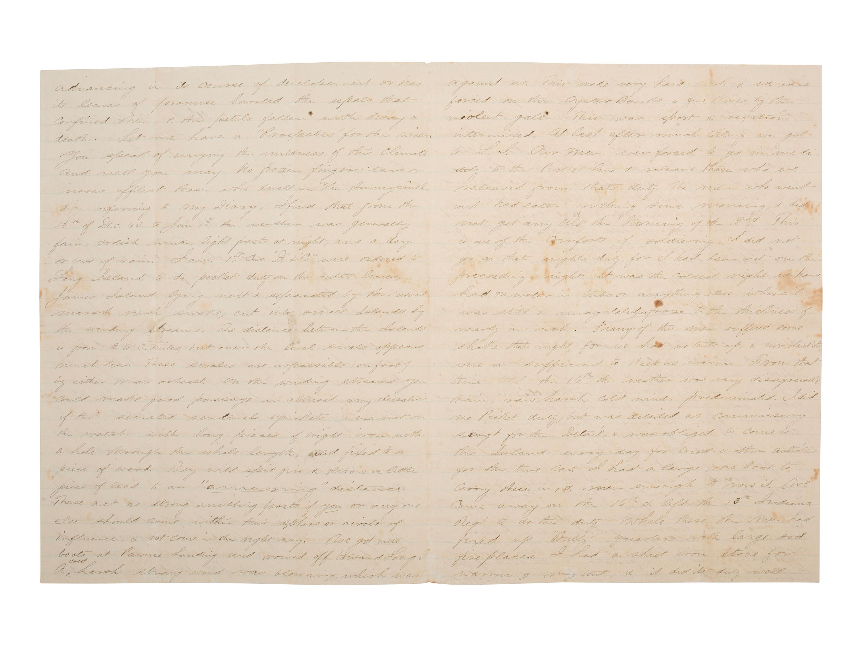 [CIVIL WAR]. Soldier's letter describing the use of Greek Fire on Charleston. Folly Island, 1864.