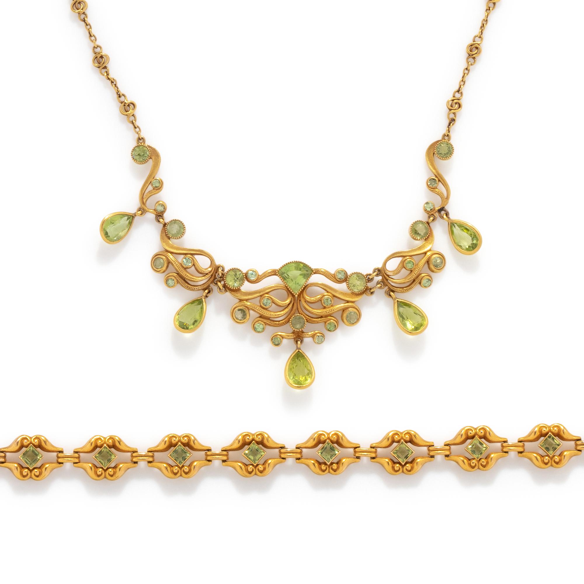 ANTIQUE, YELLOW GOLD AND PERIDOT NECKLACE AND BRACELET