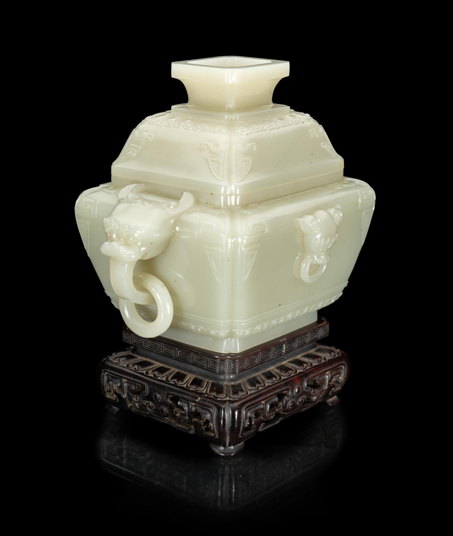 A Chinese Pale Celadon Jade Censer and Cover