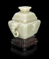 A Chinese Pale Celadon Jade Censer and Cover
