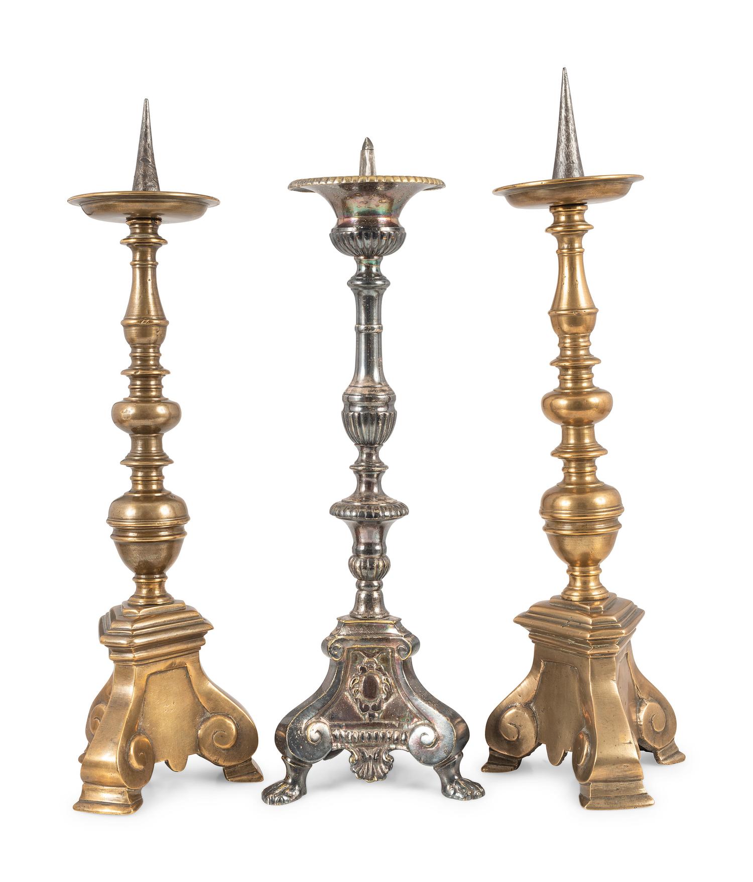 A Pair of Continental Brass Tripod Base Pricket Sticks