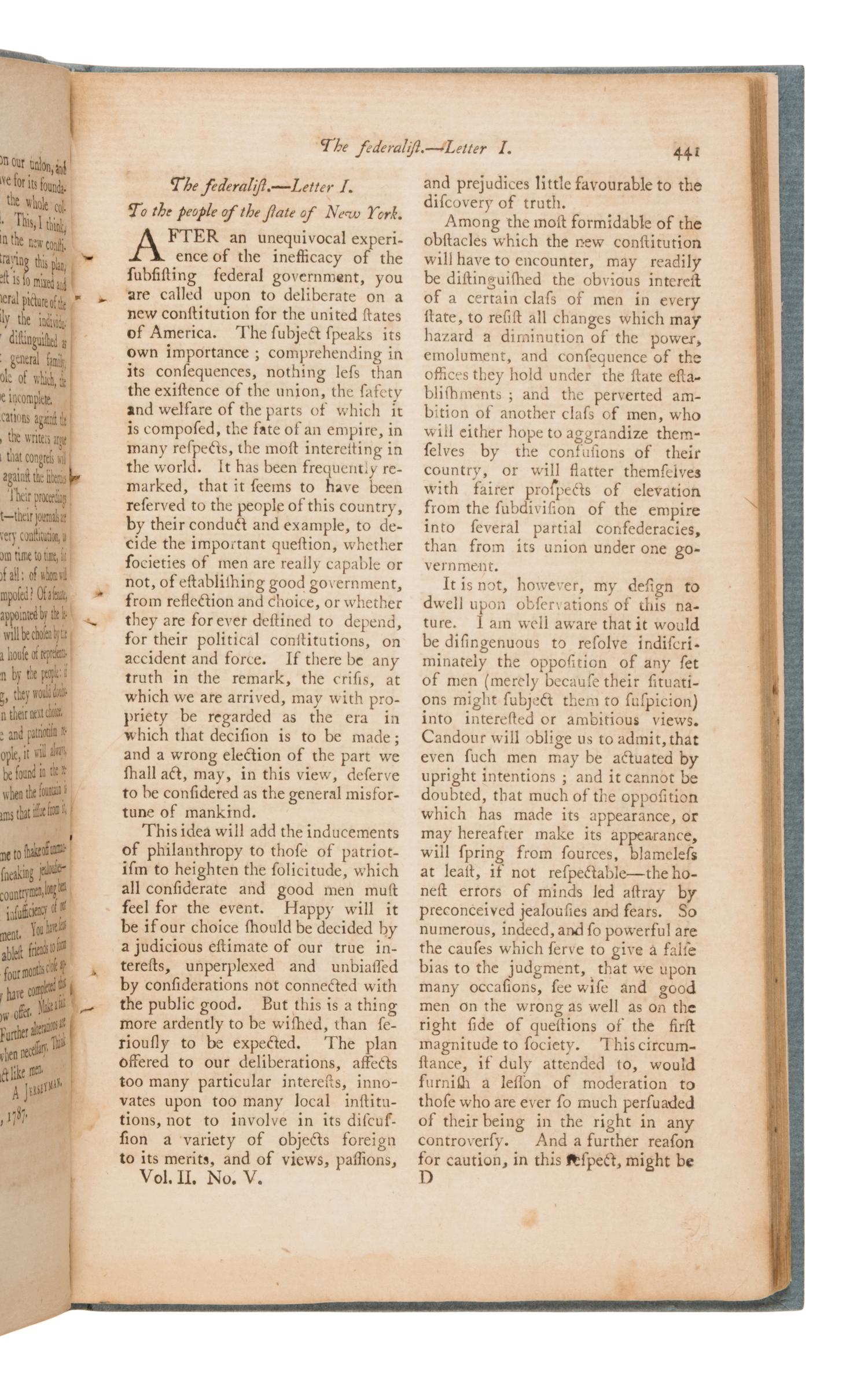 [The Federalist Papers]. -- [Hamilton, Alexander (1739-1802), James Madison (1751-1836), and John Jay (1745-1829)]. "The Federalist," Letters 1-6. In: The American Museum, or Repository of Ancient and Modern Fugitive Pieces, &c. Philadelphia: Mathew Carey, November and December 1787.