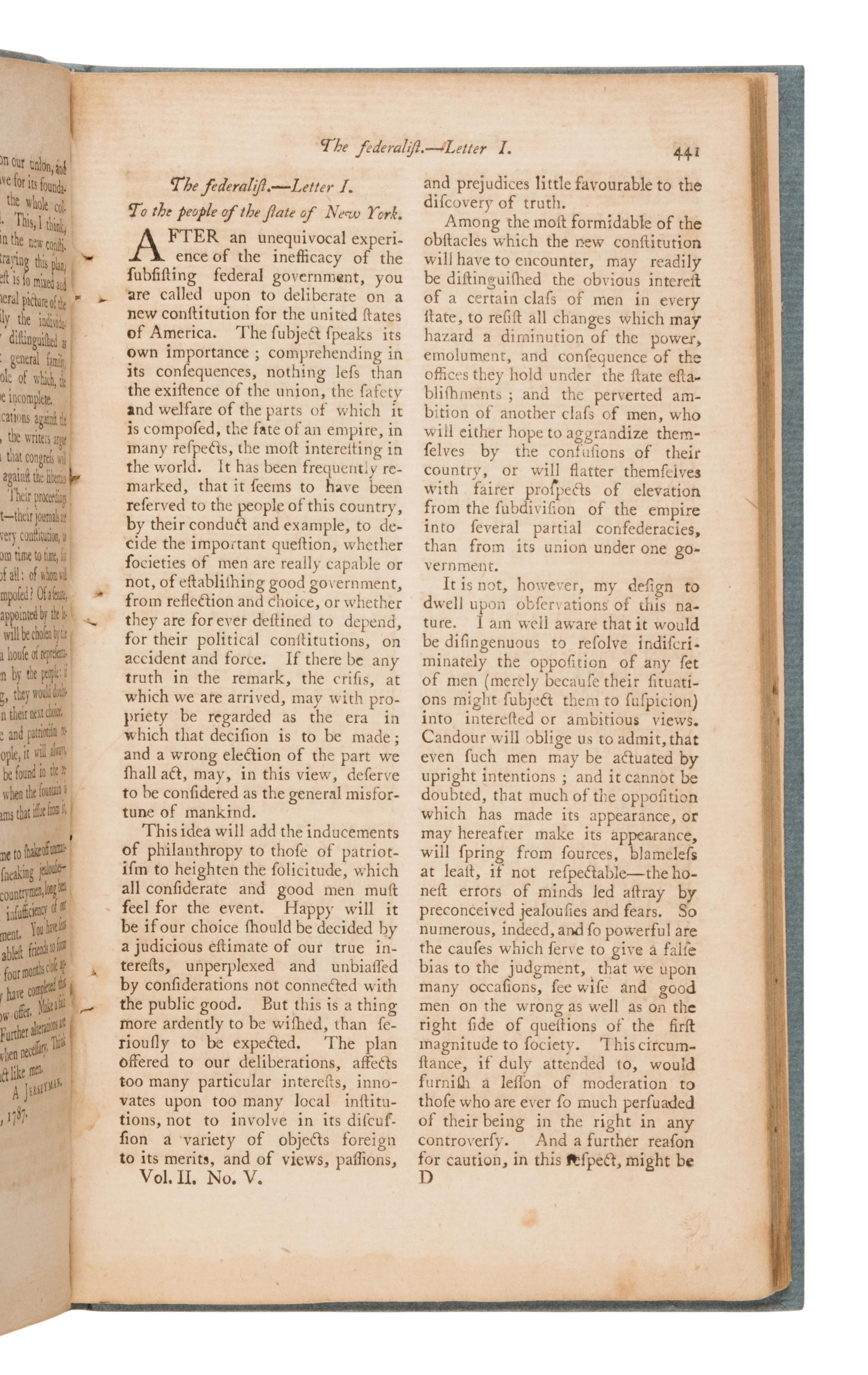 [The Federalist Papers]. -- [Hamilton, Alexander (1739-1802), James Madison (1751-1836), and John Jay (1745-1829)]. "The Federalist," Letters 1-6. In: The American Museum, or Repository of Ancient and Modern Fugitive Pieces, &c. Philadelphia: Mathew Carey, November and December 1787.