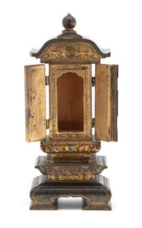 A Japanese Diminutive Gilt Decorated Black Lacquered Wood Shrine Height 7 1/2 inches. — 19TH CENTURY