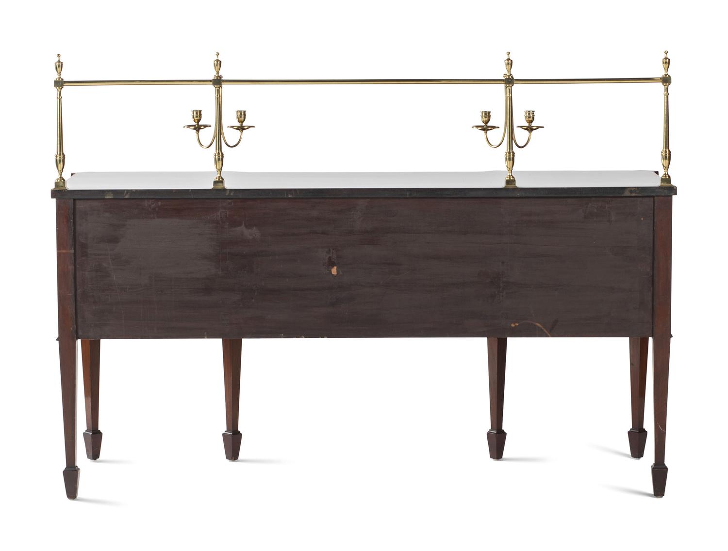 A George III Style Brass Mounted Mahogany and Marquetry Sideboard