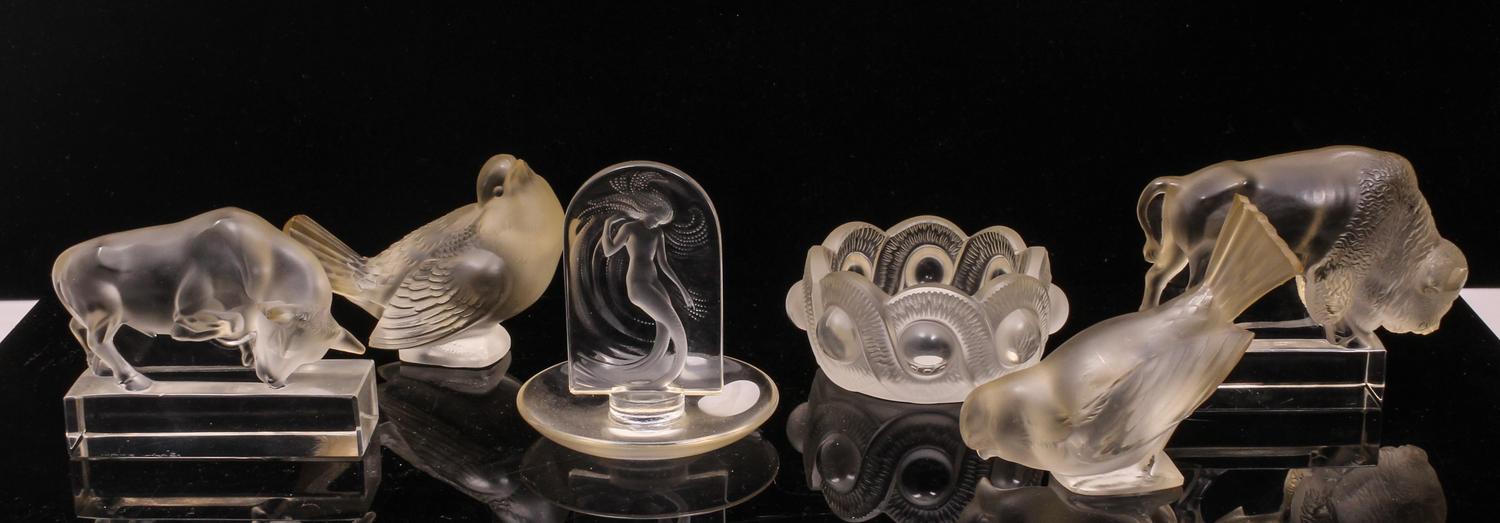 Six Lalique Molded and Frosted Glass Articles Height of tallest 4 inches. — SECOND HALF 20TH CENTURY