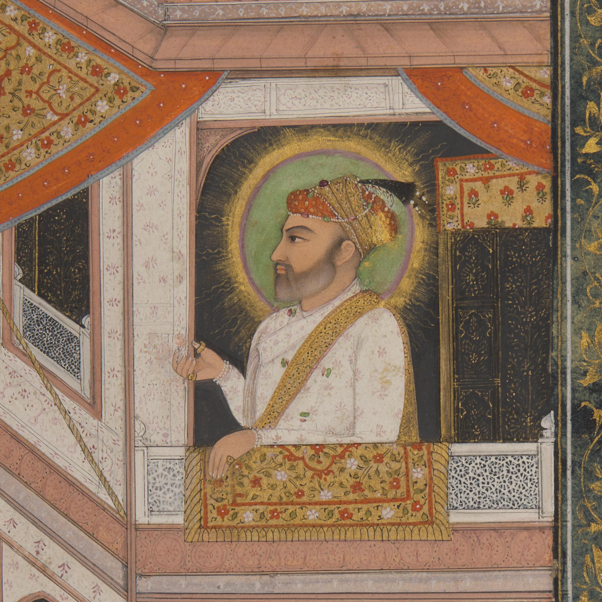 A Fine Folio Painting of Emperor Aurangzeb Alamgir Seated at a Balcony Window, North India, Lucknow or Delhi, 19th/20th Century