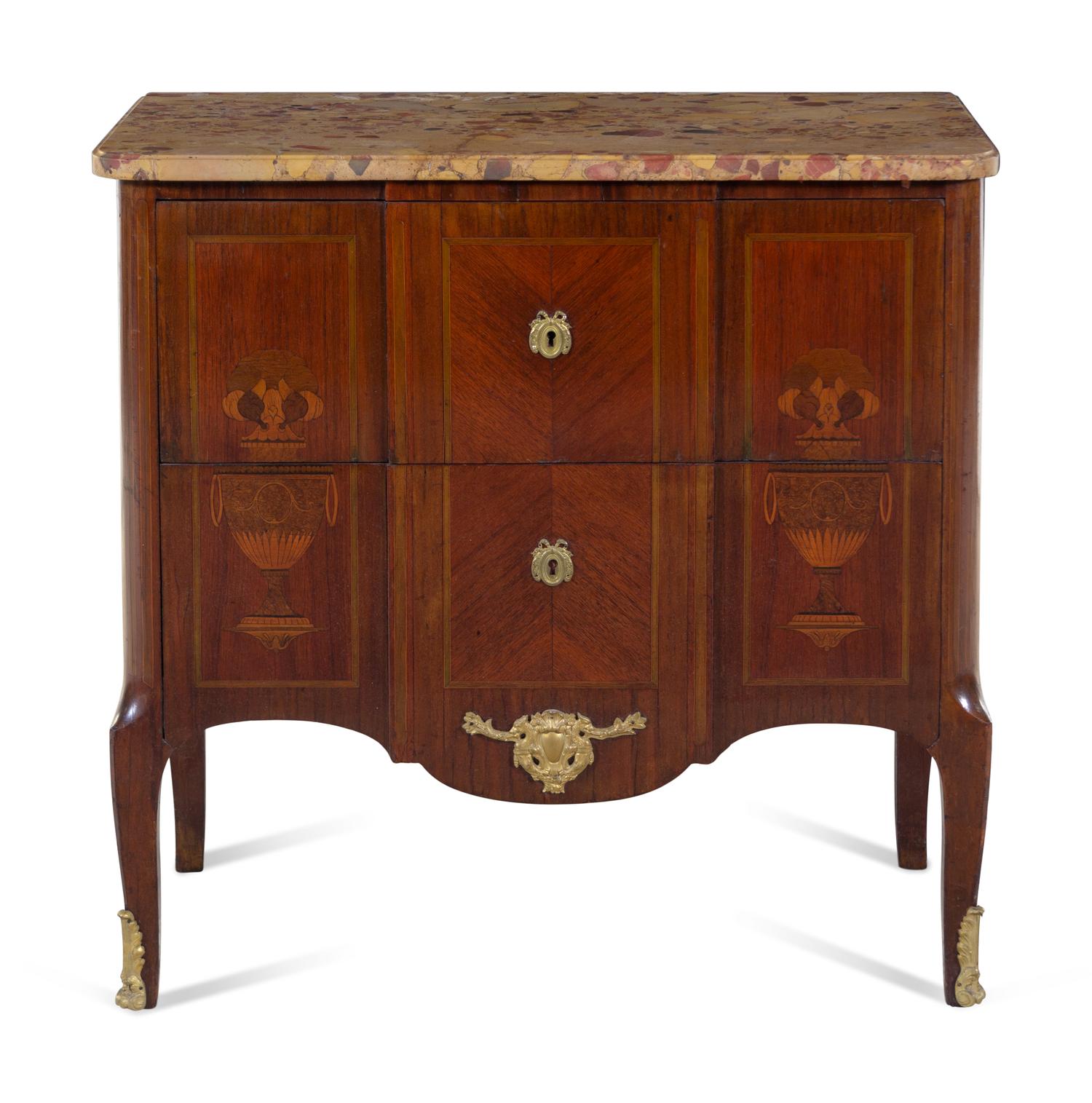 A Louis XV/XVI Transitional Style Sans Traverse Marquetry Brèche d'Alep Marble-Top Commode