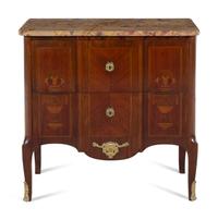 A Louis XV/XVI Transitional Style Sans Traverse Marquetry Brèche d'Alep Marble-Top Commode