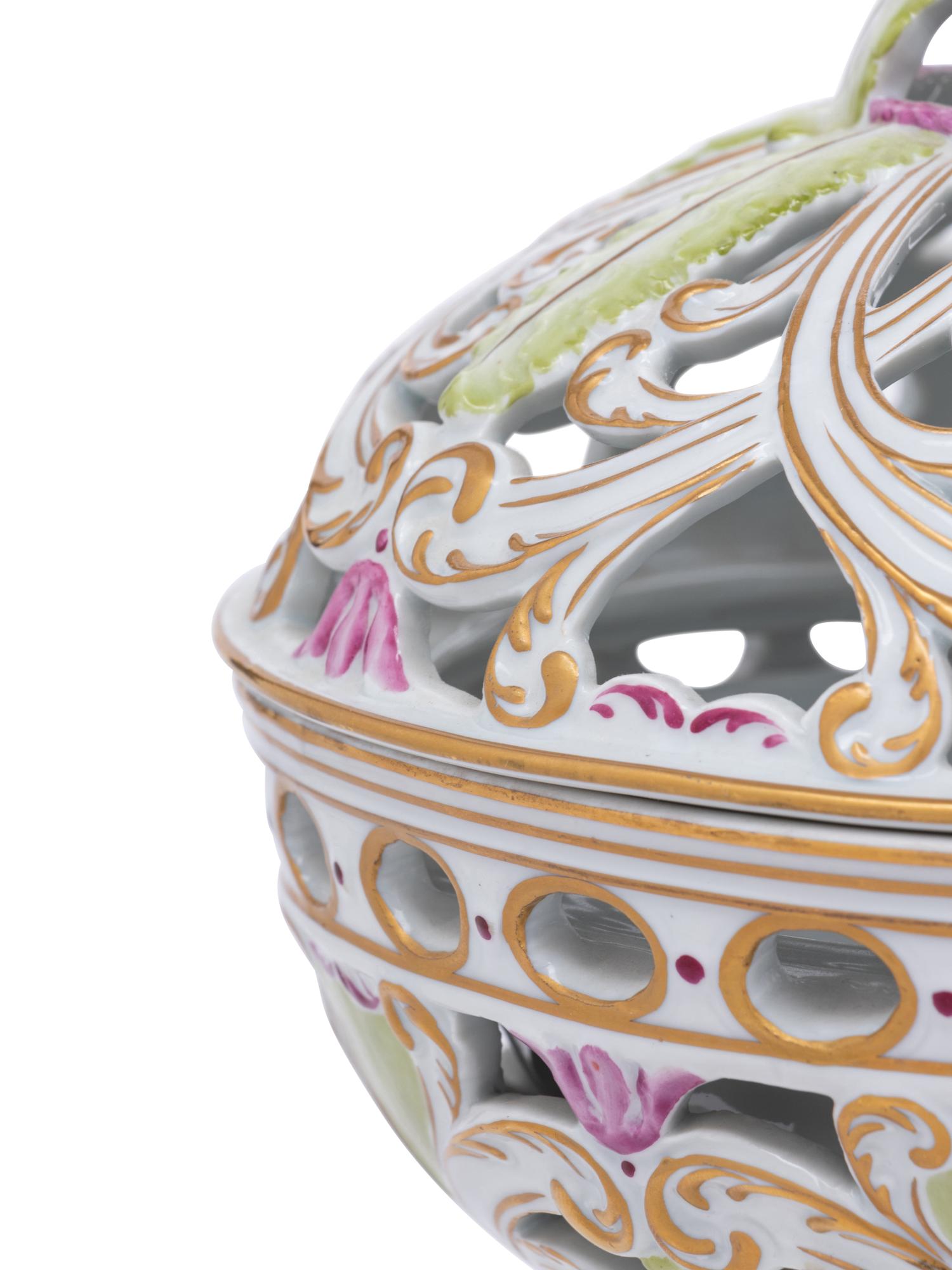 A French Polychrome Glazed Porcelain Reticulated Bowl and Cover