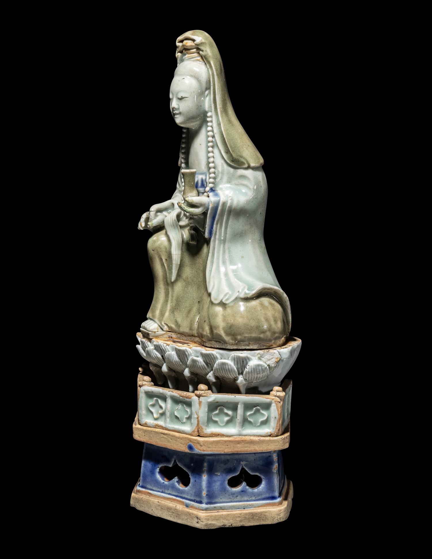 A Chinese Celadon and Underglazed Blue Porcelain Figure of Guanyin