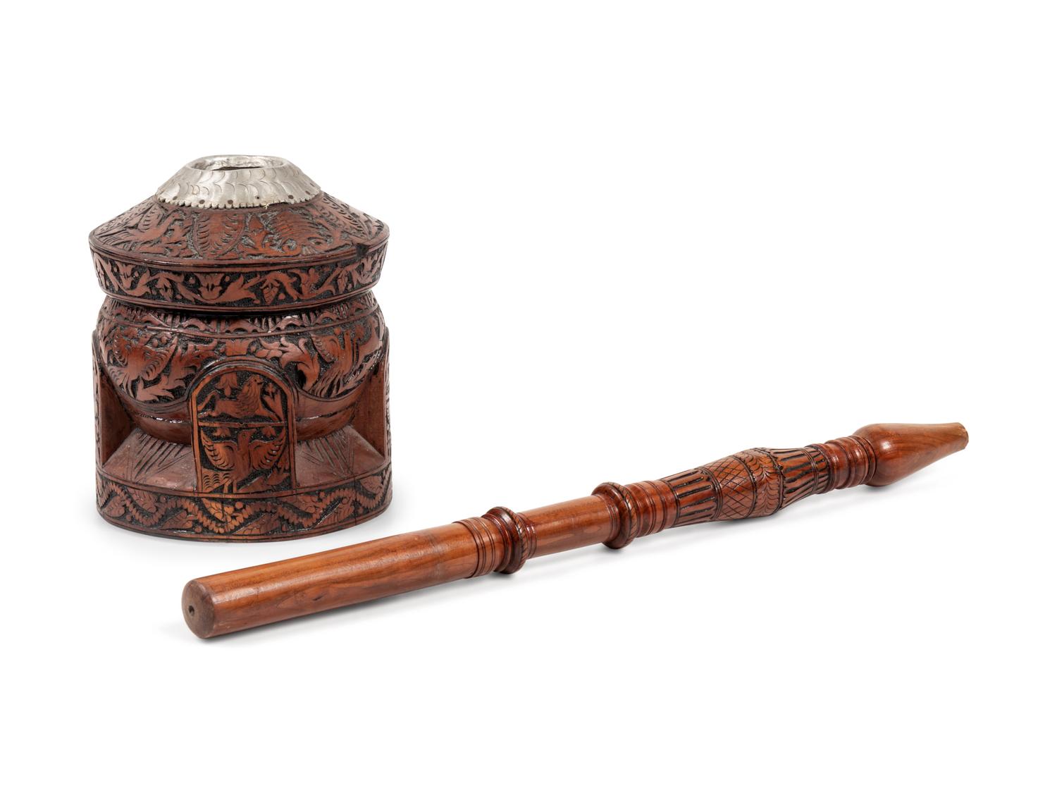 A Carved Walnut Coffee Mortar and Pestle