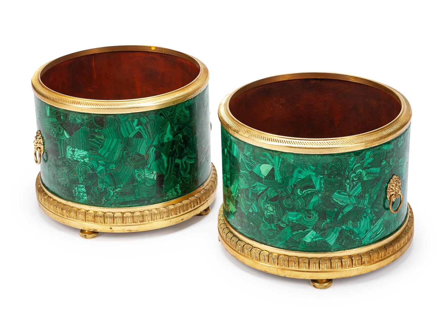 A Pair of Russian Gilt Bronze Mounted Malachite Veneered Planters