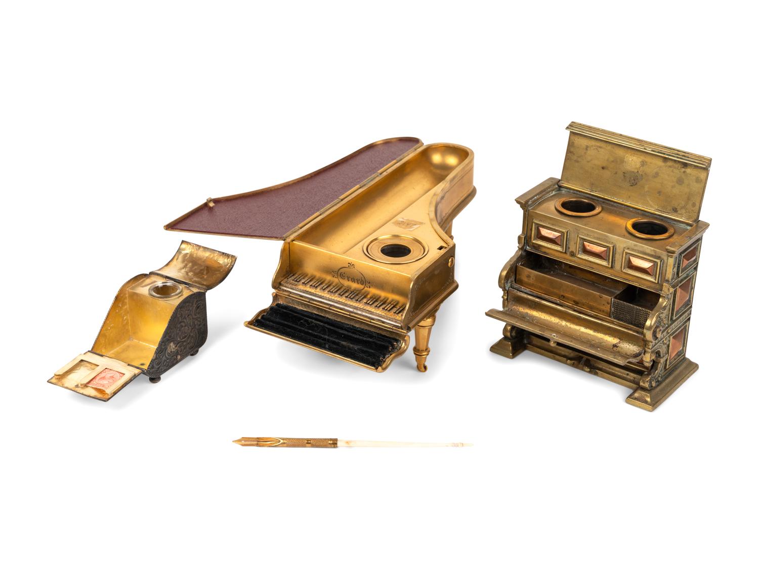 Two Piano-Form Inkwells and an English Silver Letterbox Inkwell