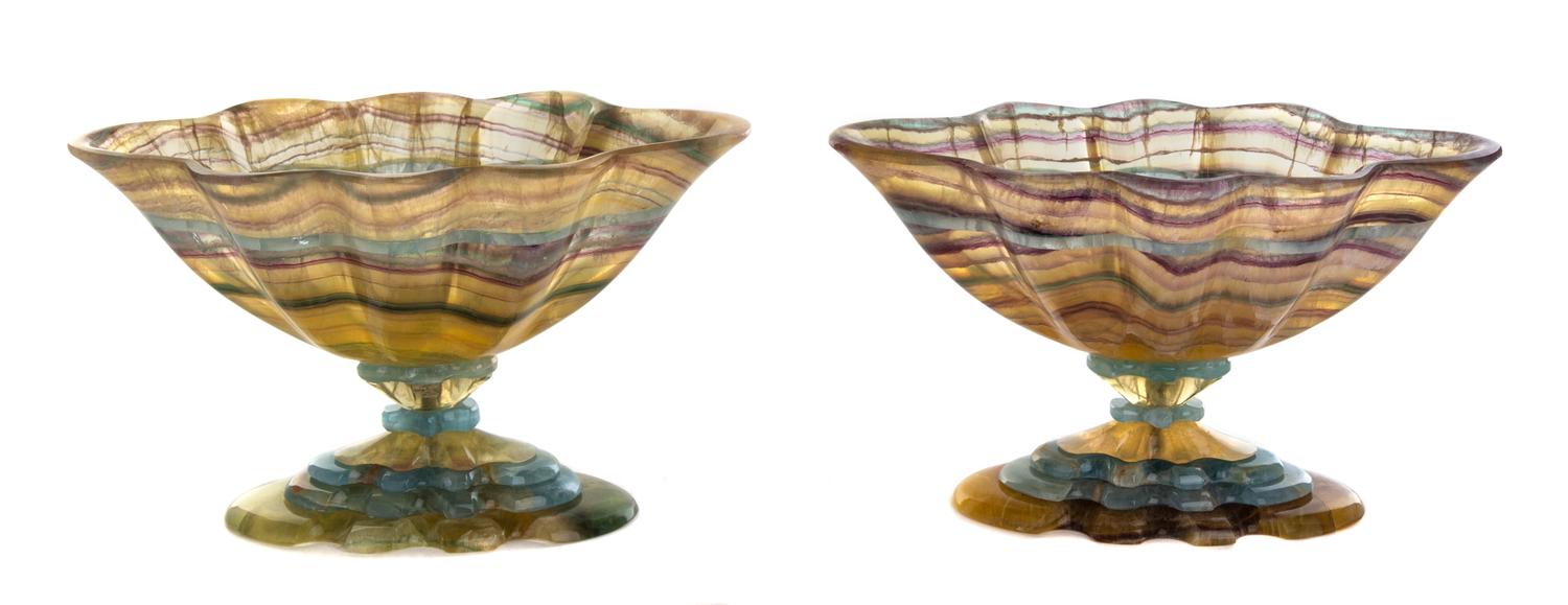 A Pair of Carved Fluorite and Blue Agate Tazze Height 4 3/4 inches. — 20TH CENTURY