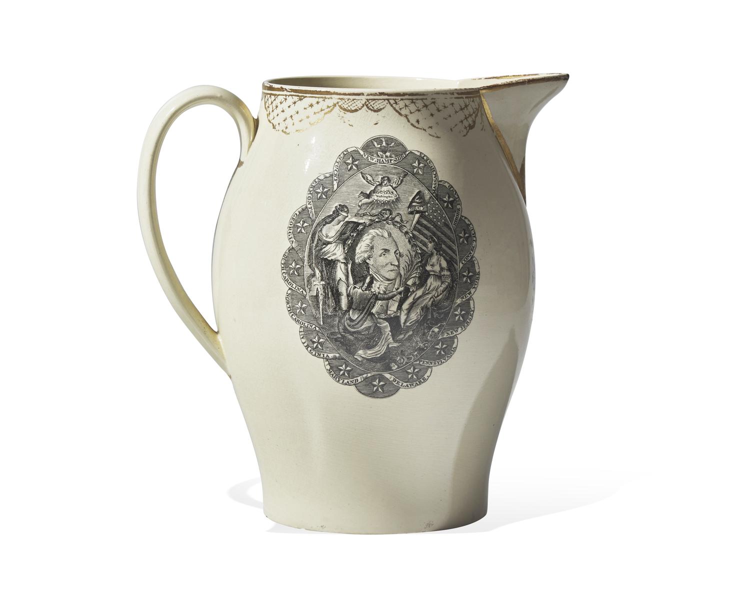 A Liverpool Gilt-Decorated and Transfer-Printed Creamware Presentation Pitcher, Early 19th Century