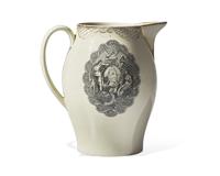 A Liverpool Gilt-Decorated and Transfer-Printed Creamware Presentation Pitcher, Early 19th Century