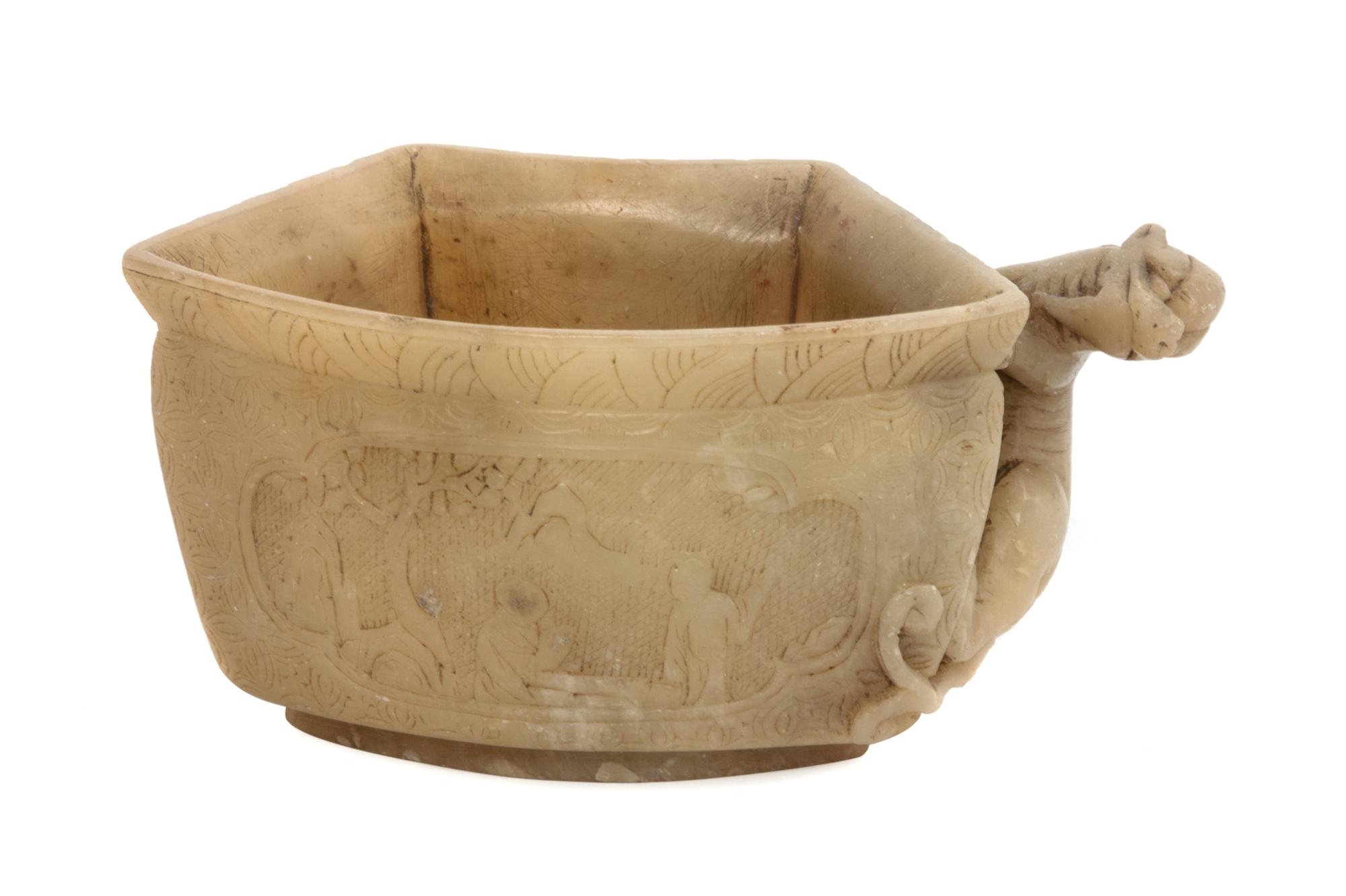 A Chinese Carved Soapstone Libation Cup Length 3 inches.