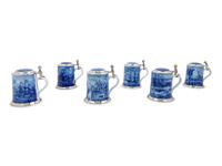 A Set of Six Berlin Design Pewter Mounted Porcelain Tankards