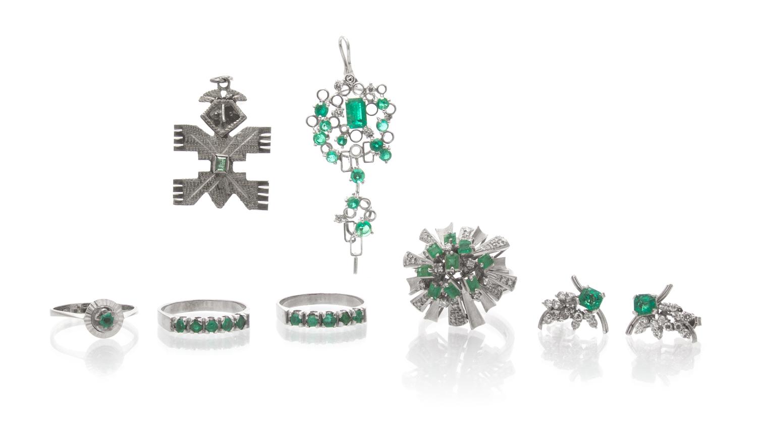 A Collection of White Gold, Emerald and Diamond Jewelry, 20.20 dwts.