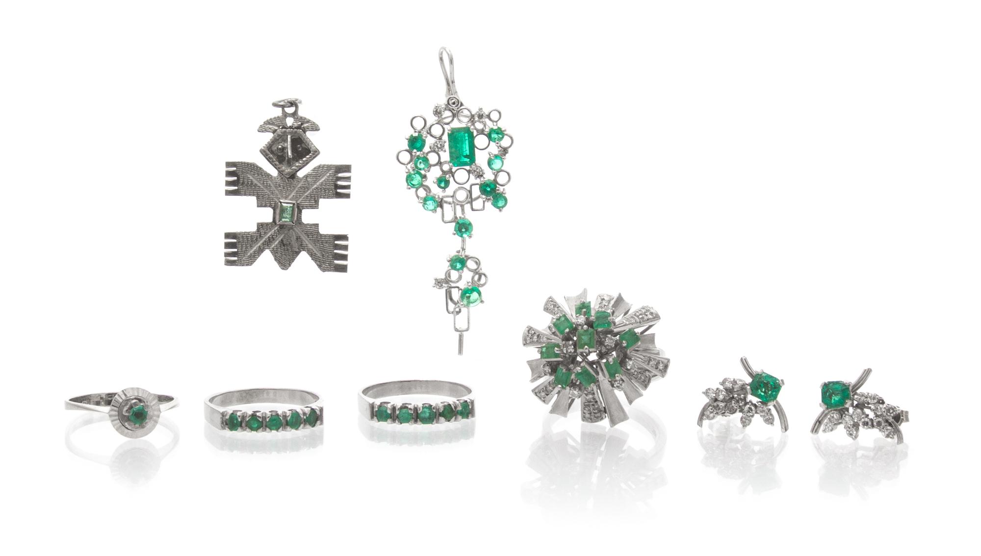 A Collection of White Gold, Emerald and Diamond Jewelry, 20.20 dwts.