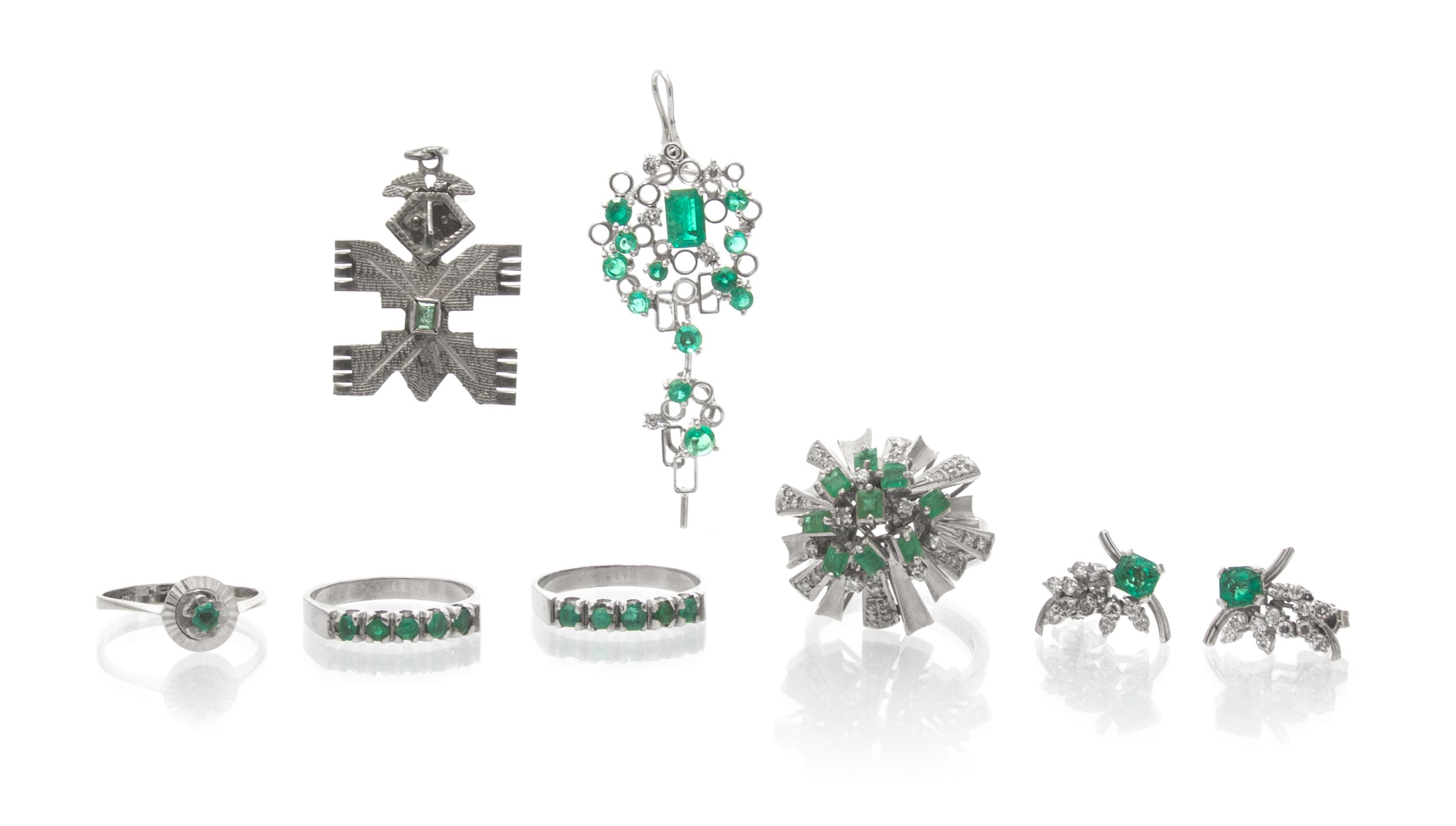A Collection of White Gold, Emerald and Diamond Jewelry, 20.20 dwts.