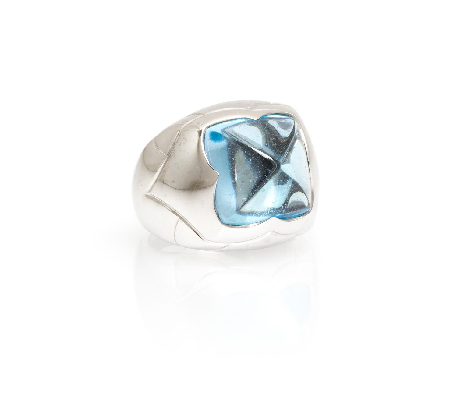 An 18 Karat White Gold and Blue Topaz Piramide Ring, Bulgari, 11.00 dwts.