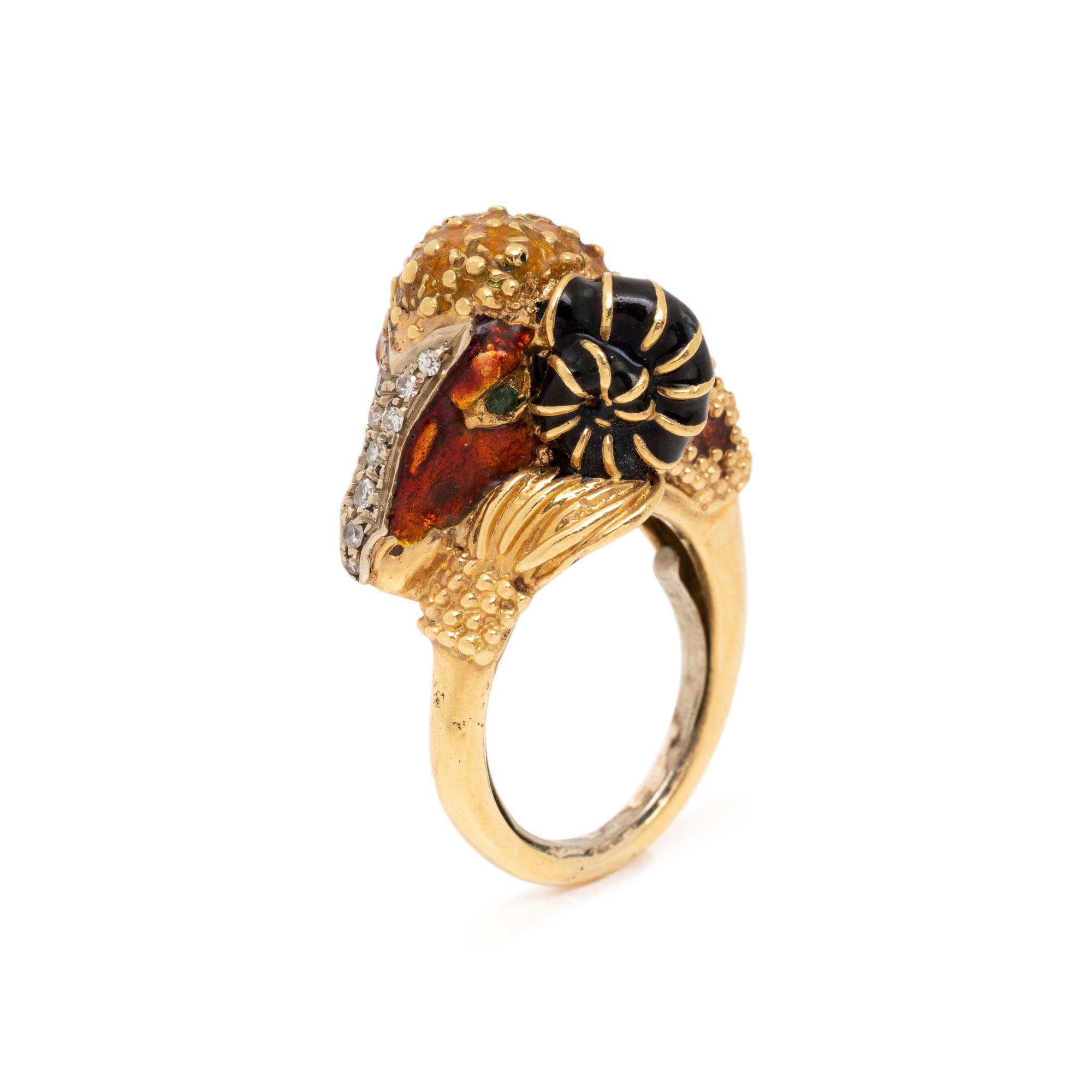 YELLOW GOLD, DIAMOND AND ENAMEL RAM'S HEAD RING