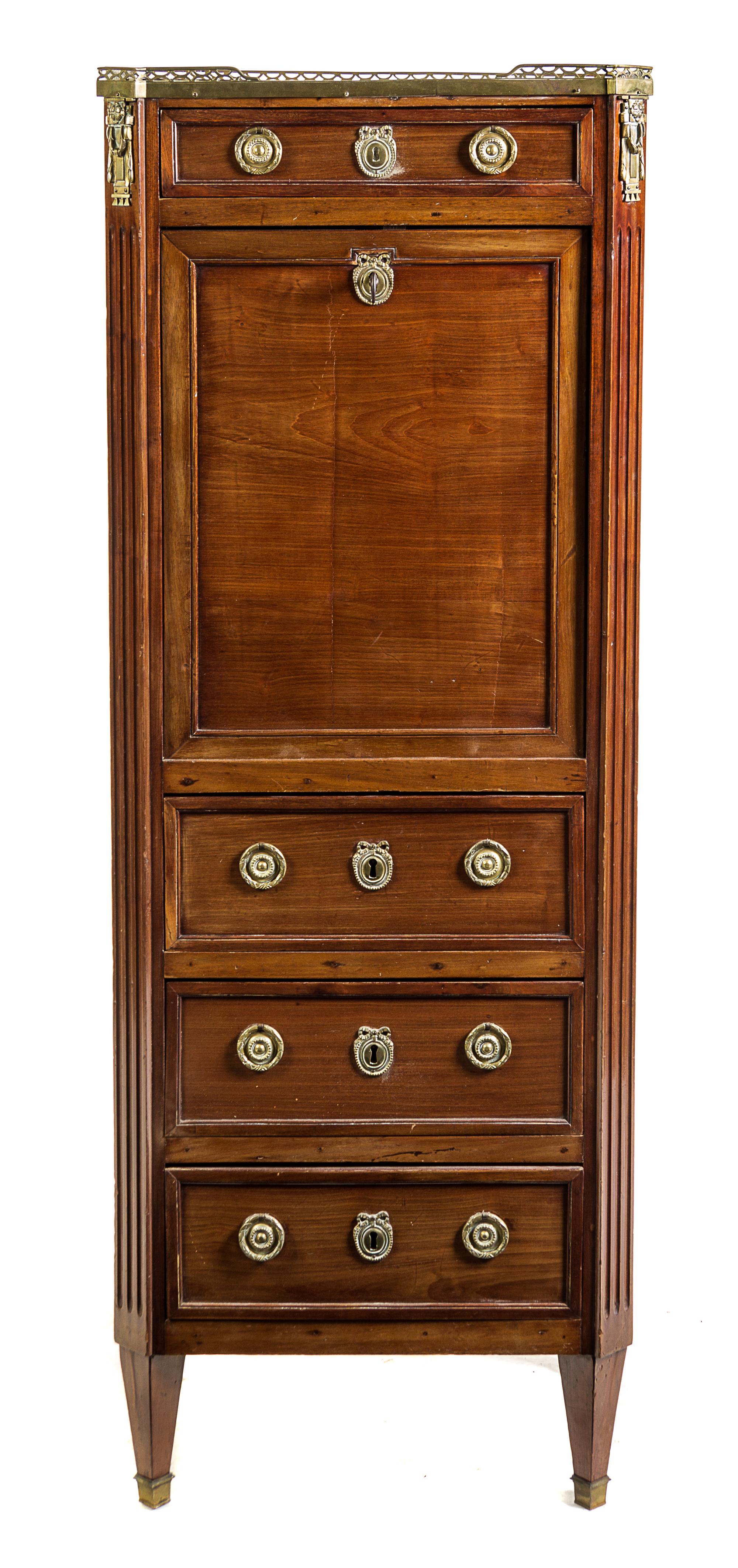 A Louis XVI Mahogany Secretaire a Abattant Height 61 x width 22 1/2 x depth 15 5/8 inches. — 19TH CENTURY