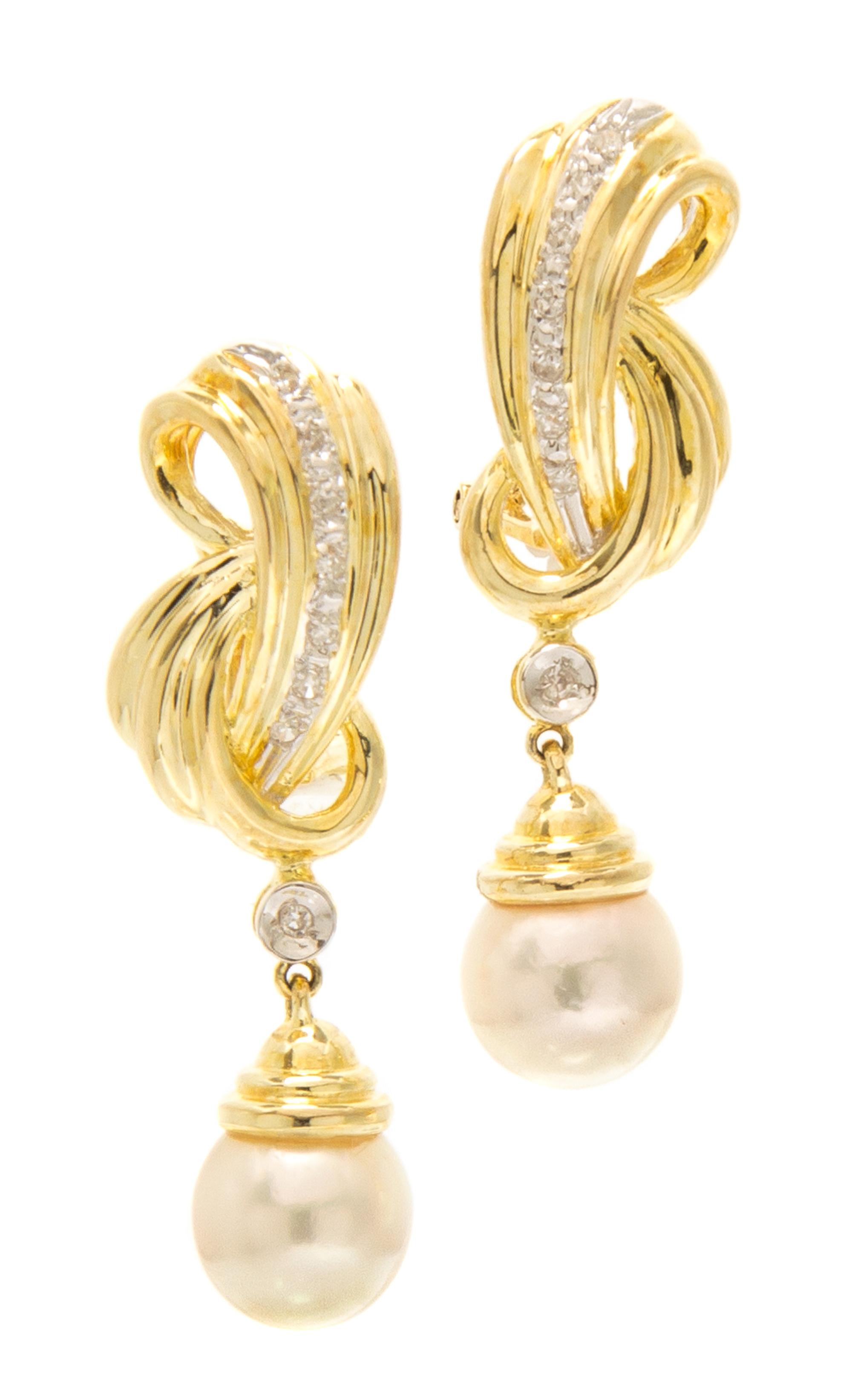 A Pair of 14 Karat Yellow Gold, Diamond and Cultured Pearl Earclips, 5.20 dwts.