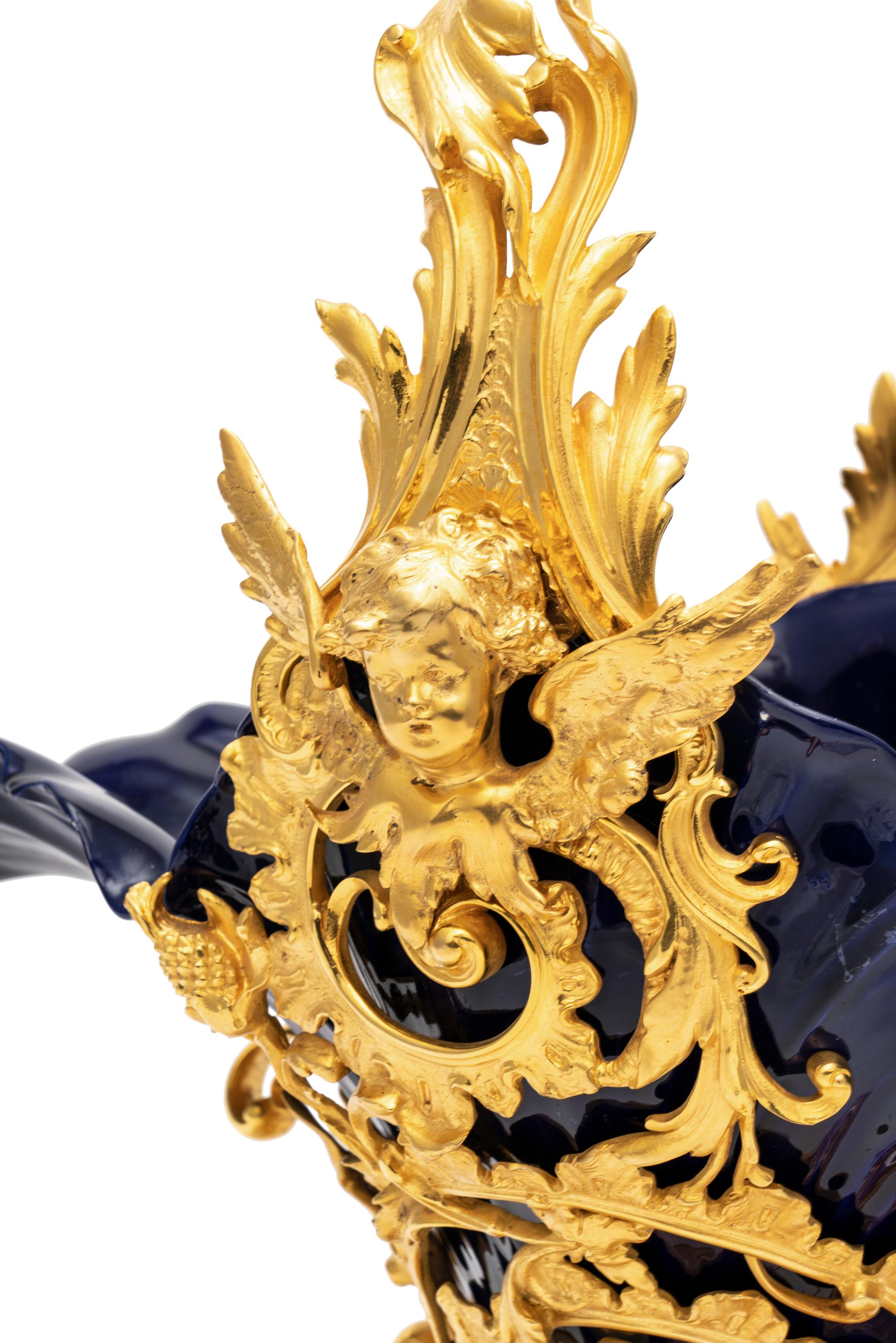 An Italian Gilt Bronze and Cobalt Glazed Ceramic Centerpiece