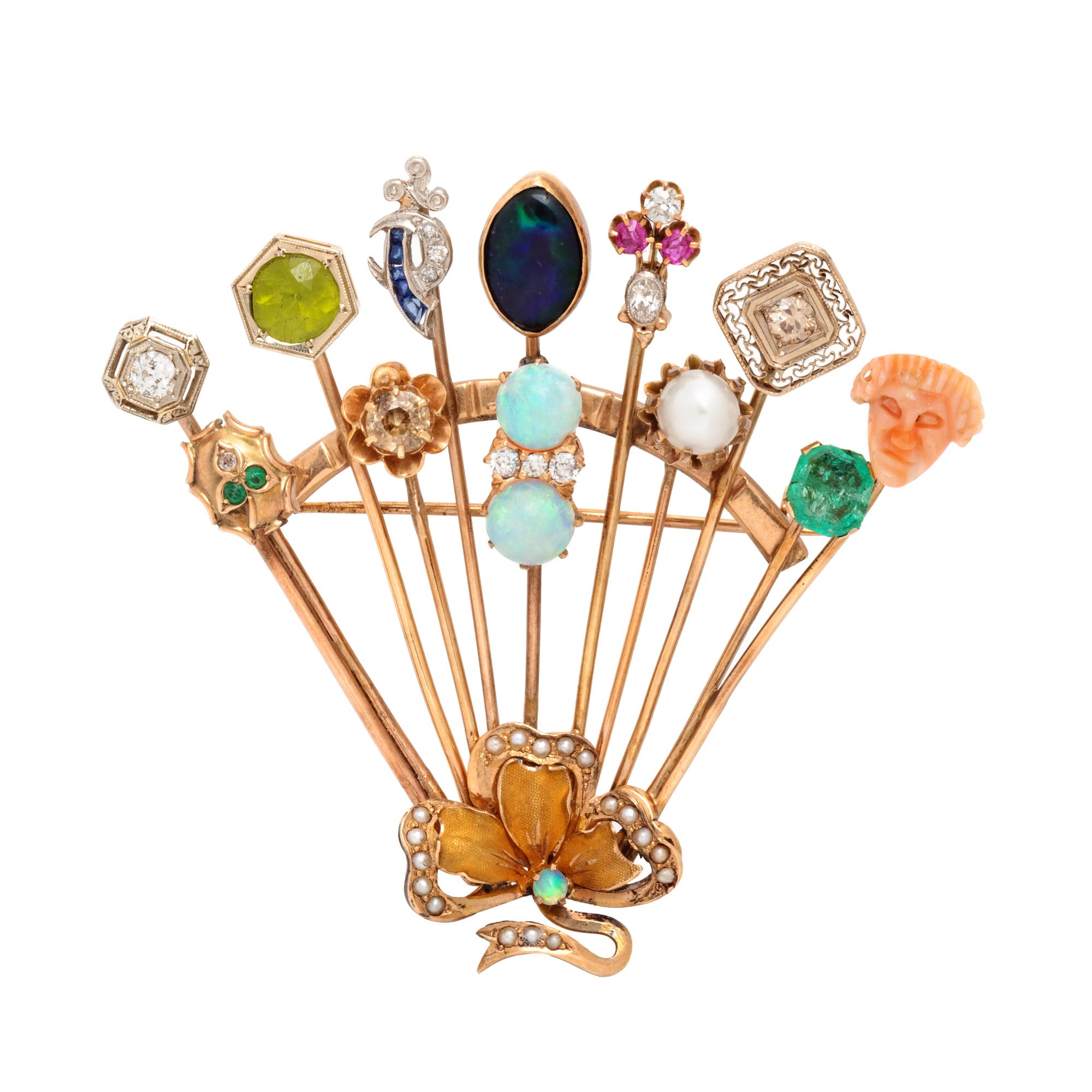 MULTIGEM AND DIAMOND STICKPIN BROOCH