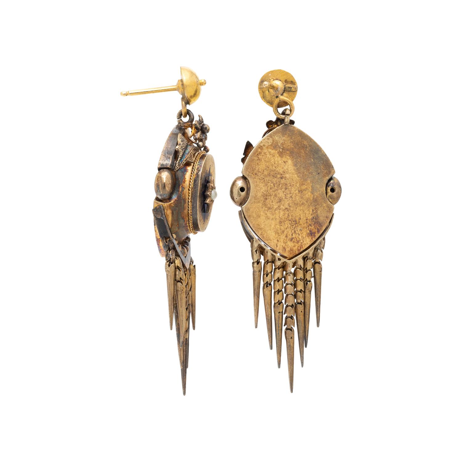 VICTORIAN, YELLOW GOLD, ENAMEL, AND SEED PEARL FRINGE EARRINGS