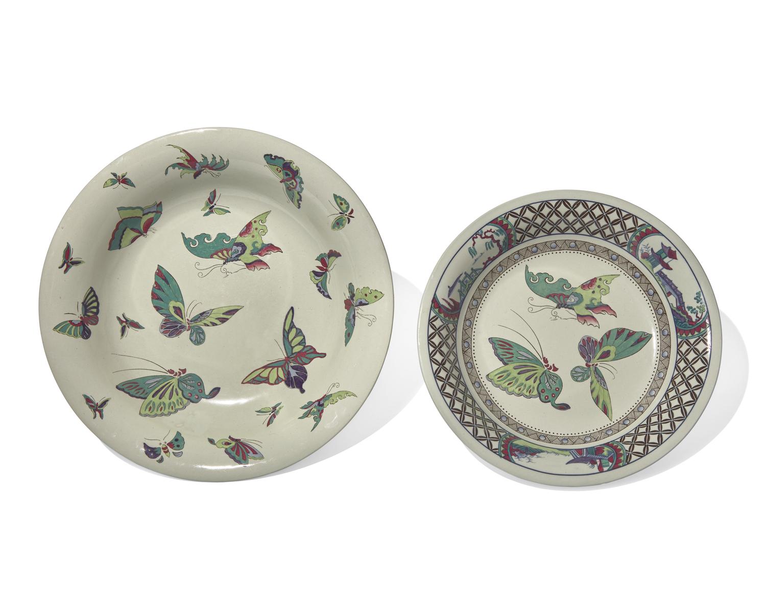 Two Wedgwood Polychrome Glazed Stoneware 'Butterfly' Shallow Bowls