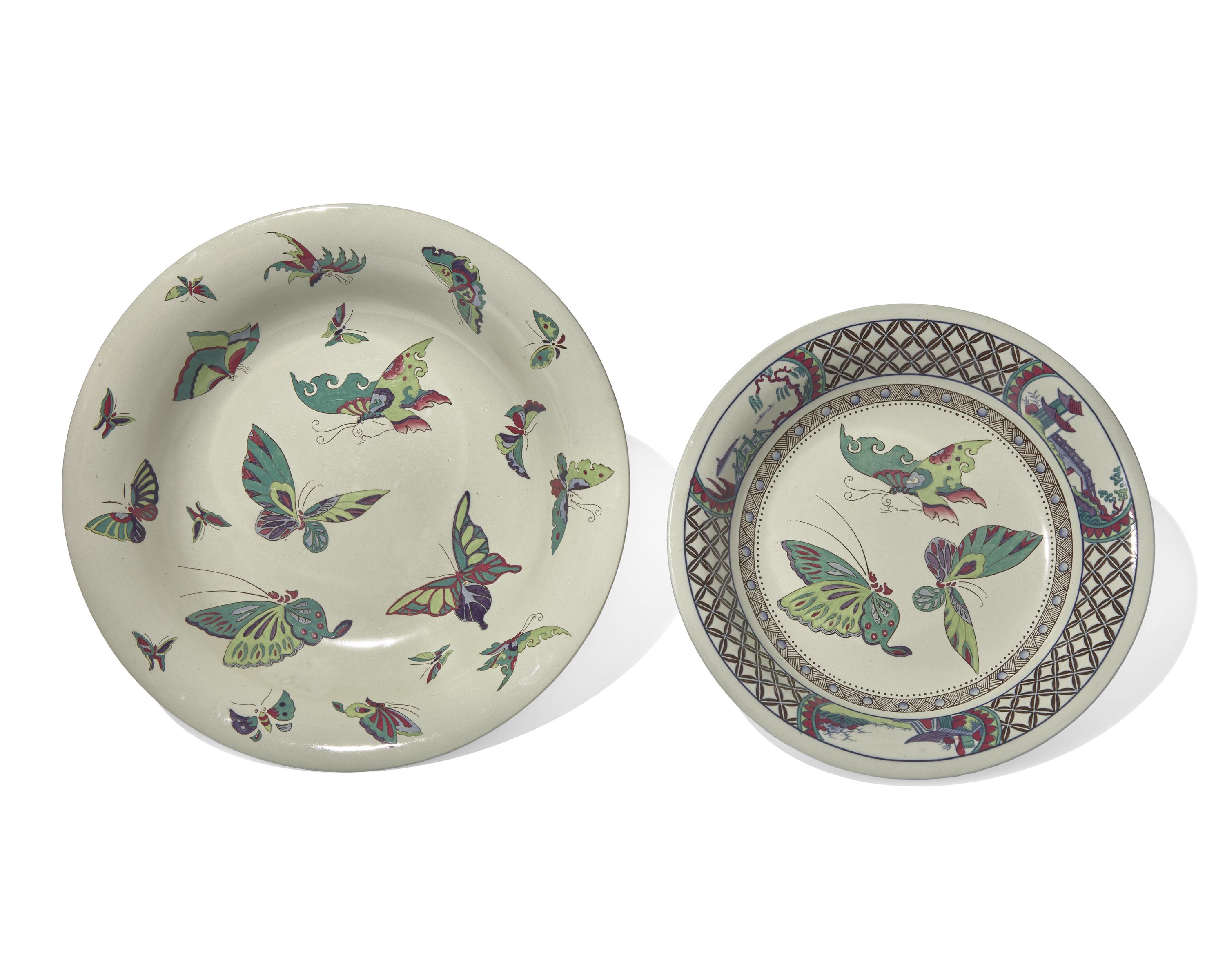 Two Wedgwood Polychrome Glazed Stoneware 'Butterfly' Shallow Bowls