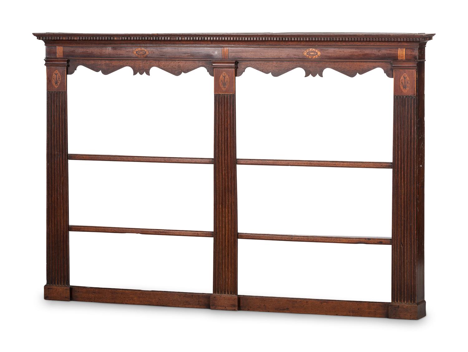 A Regency Inlaid and Carved Walnut Hanging Pewter Rack