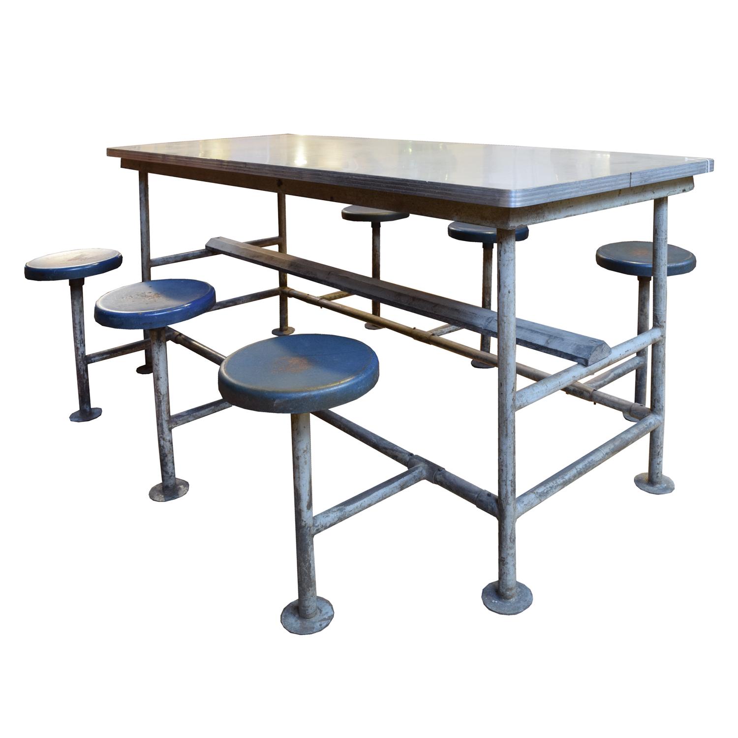 A Industrial Iron and Steel Table with Stools 72" W x 57" D x 34.5" H (table is 30" D) — United States, Circa 1940