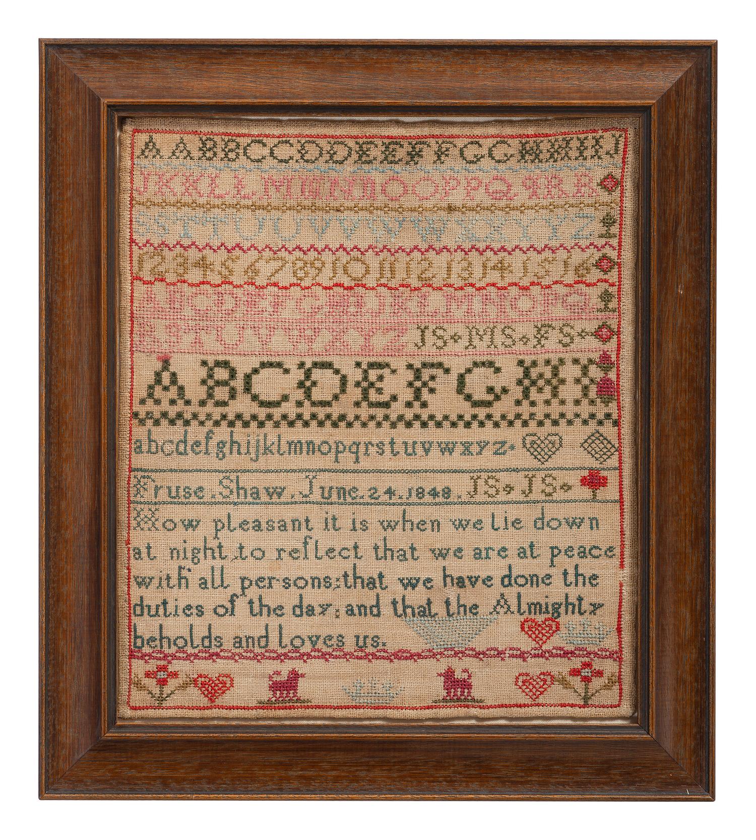 An English Needlework Embroidered Schoolgirl's Sampler, Wrought by Fruse Shaw