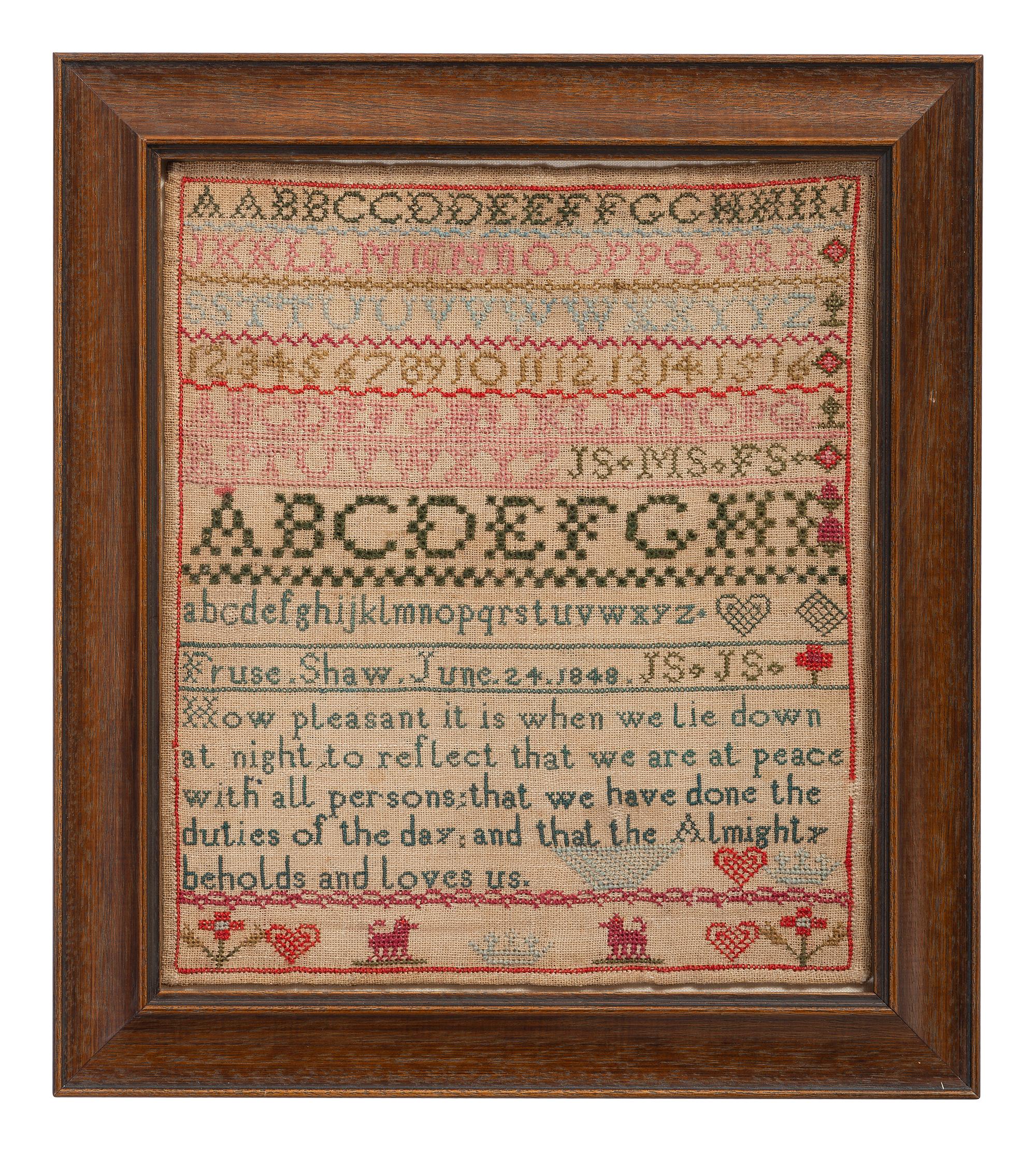 An English Needlework Embroidered Schoolgirl's Sampler, Wrought by Fruse Shaw