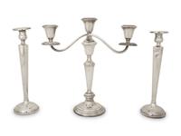 A Pair of American Silver Candlesticks and an American Silver Three Light Candelabrum