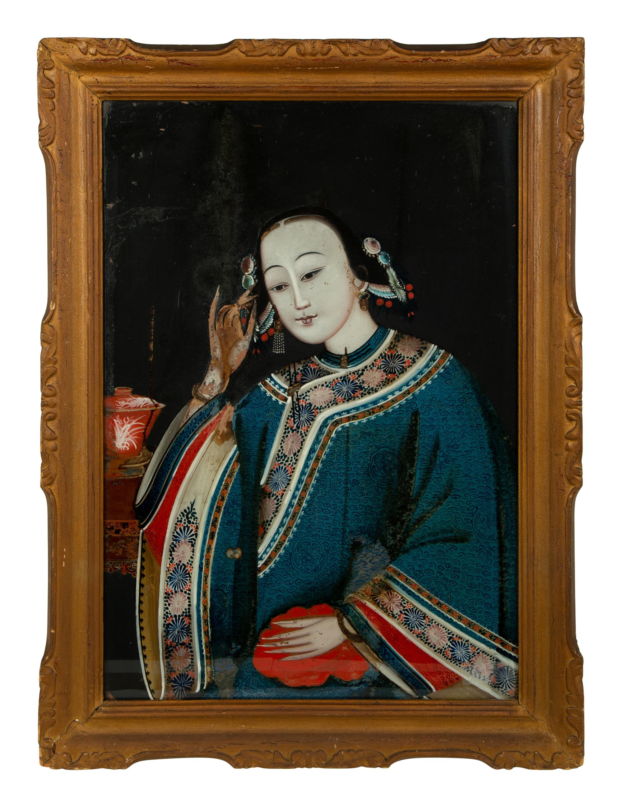 A Chinese Export Reverse Painted Glass Mirror — 20TH CENTURY
