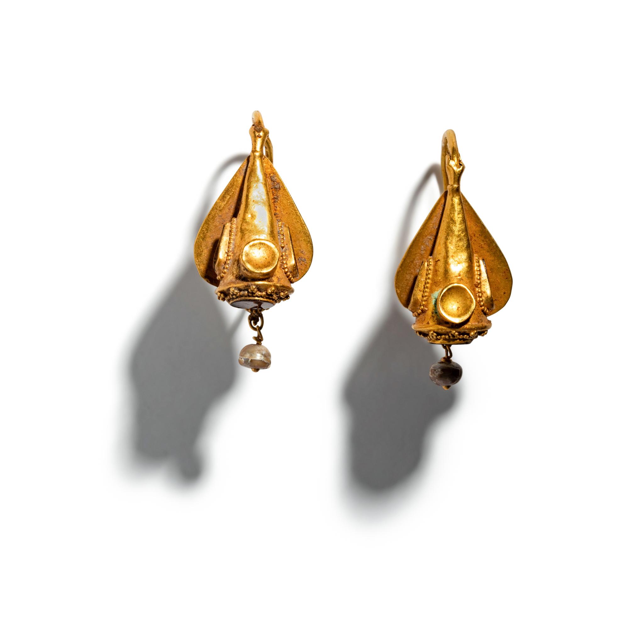 A Pair of Byzantine or Islamic Gold and Garnet Bird-Shaped Earrings