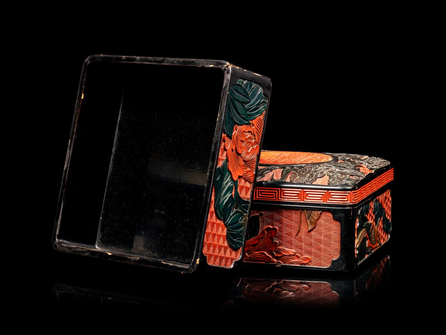 A Chinese Carved Lacquer Square Box and Cover