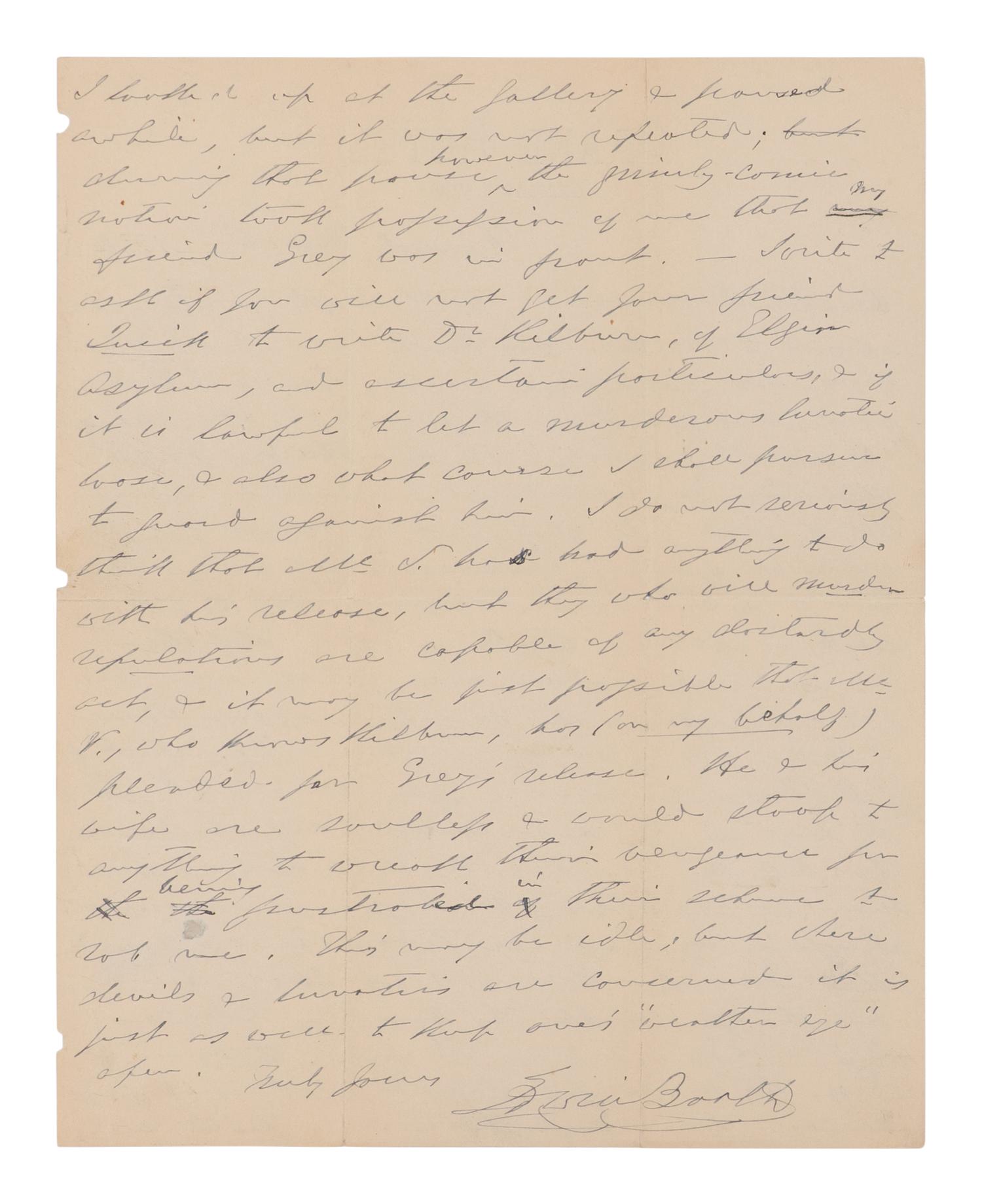 BOOTH, Edwin (1833-1893). Autograph letter signed ("Edwin Booth") to Luke Lockwood describing an attempted assassination by a theatergoer, Cincinnati, 2 March 1882.